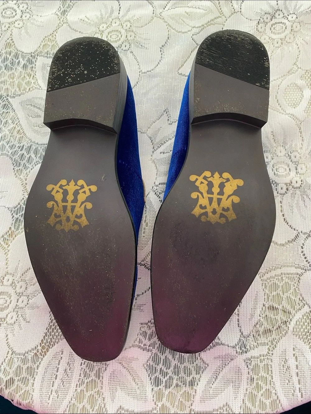 Men's Royal Blue Velvet Slip-On Loafers with Gold Embroidery